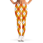 Orange And White Argyle Pattern Print Women's Leggings