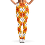 Orange And White Argyle Pattern Print Women's Leggings