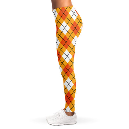Orange And White Argyle Pattern Print Women's Leggings