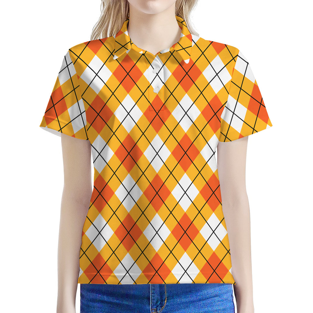 Orange And White Argyle Pattern Print Women's Polo Shirt