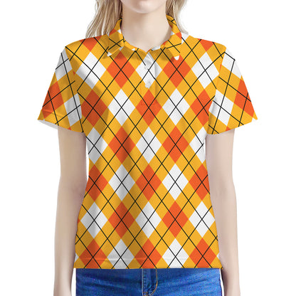 Orange And White Argyle Pattern Print Women's Polo Shirt