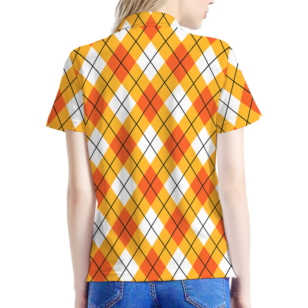 Orange And White Argyle Pattern Print Women's Polo Shirt