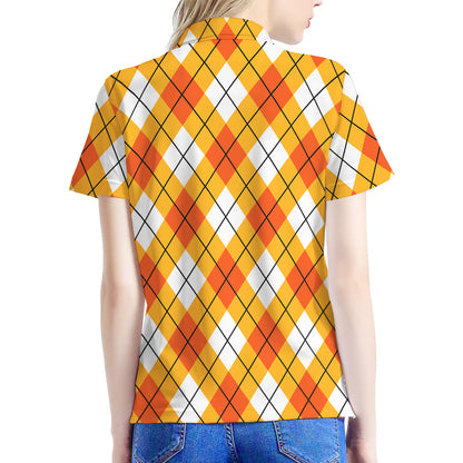 Orange And White Argyle Pattern Print Women's Polo Shirt
