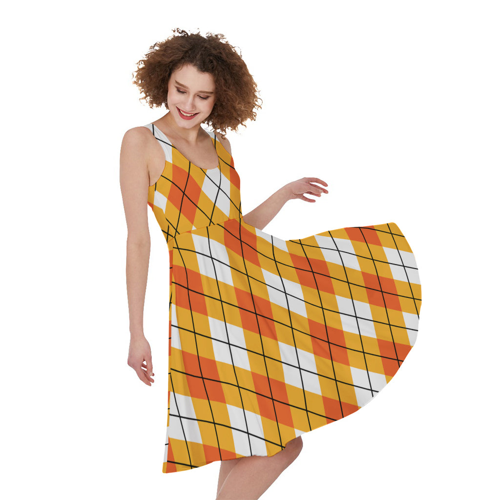 Orange And White Argyle Pattern Print Women's Sleeveless Dress