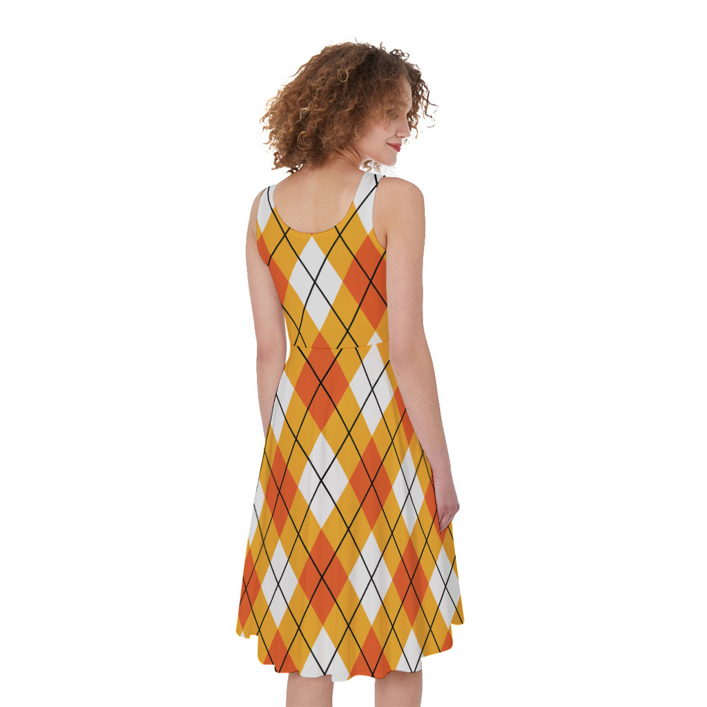 Orange And White Argyle Pattern Print Women's Sleeveless Dress