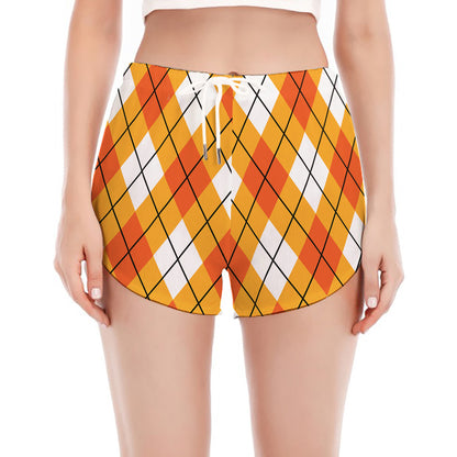 Orange And White Argyle Pattern Print Women's Split Running Shorts
