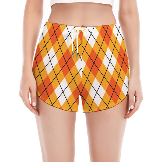 Orange And White Argyle Pattern Print Women's Split Running Shorts