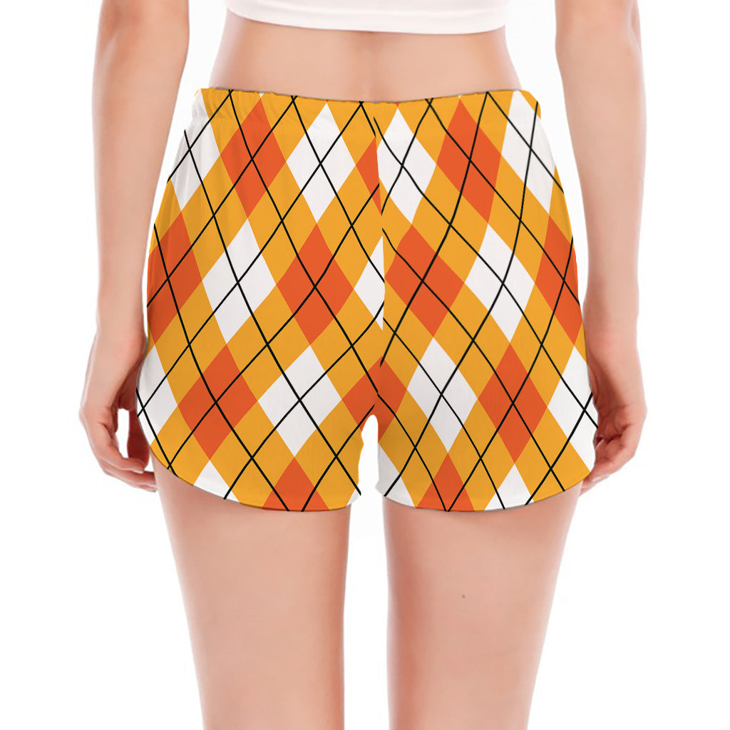 Orange And White Argyle Pattern Print Women's Split Running Shorts