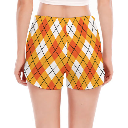 Orange And White Argyle Pattern Print Women's Split Running Shorts