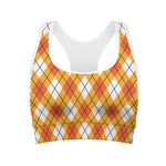 Orange And White Argyle Pattern Print Women's Sports Bra