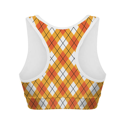 Orange And White Argyle Pattern Print Women's Sports Bra