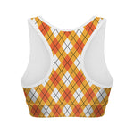 Orange And White Argyle Pattern Print Women's Sports Bra