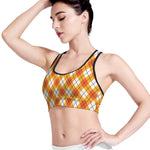 Orange And White Argyle Pattern Print Women's Sports Bra