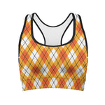 Orange And White Argyle Pattern Print Women's Sports Bra