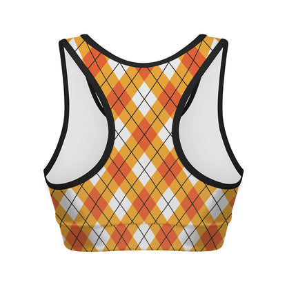 Orange And White Argyle Pattern Print Women's Sports Bra