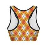 Orange And White Argyle Pattern Print Women's Sports Bra