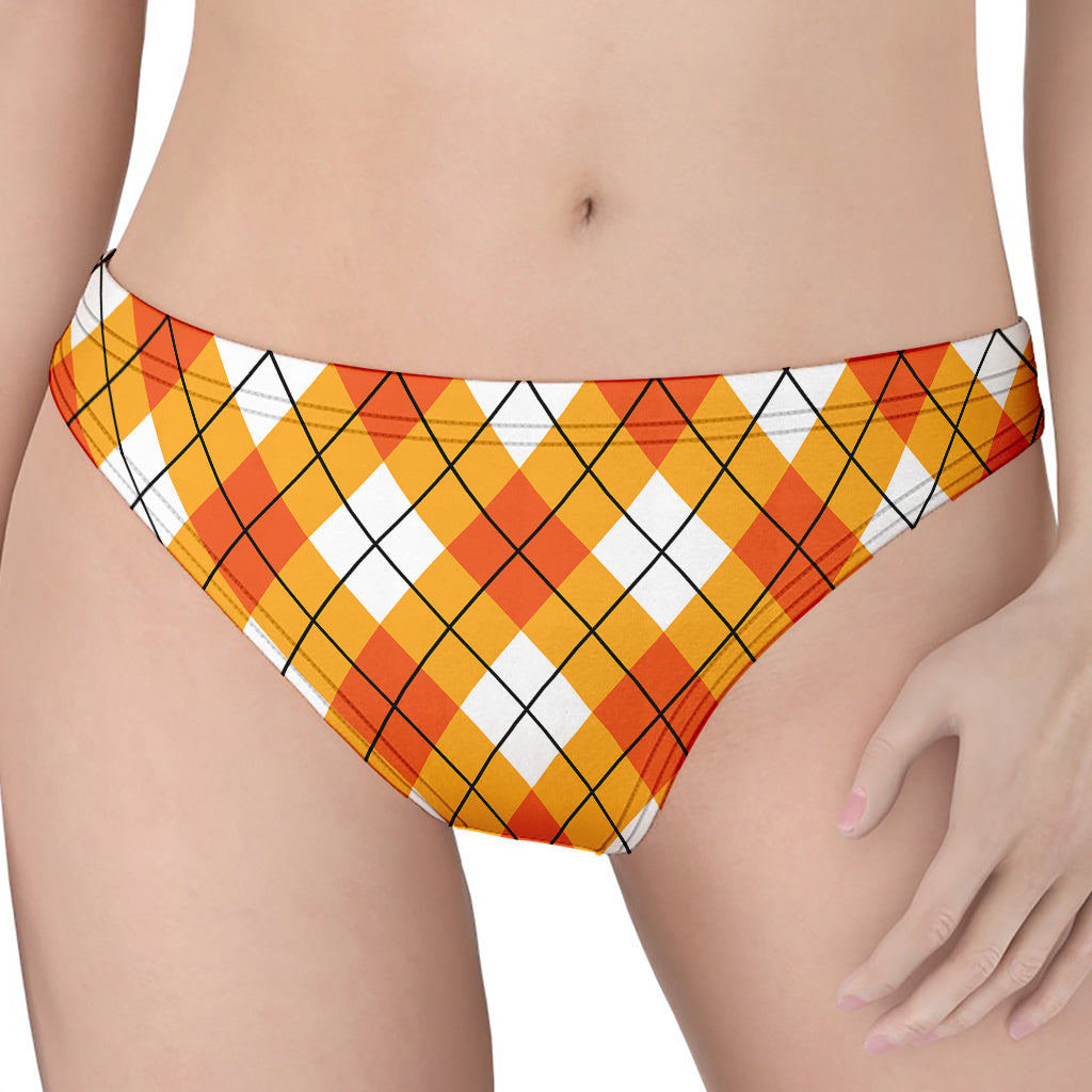 Orange And White Argyle Pattern Print Women's Thong