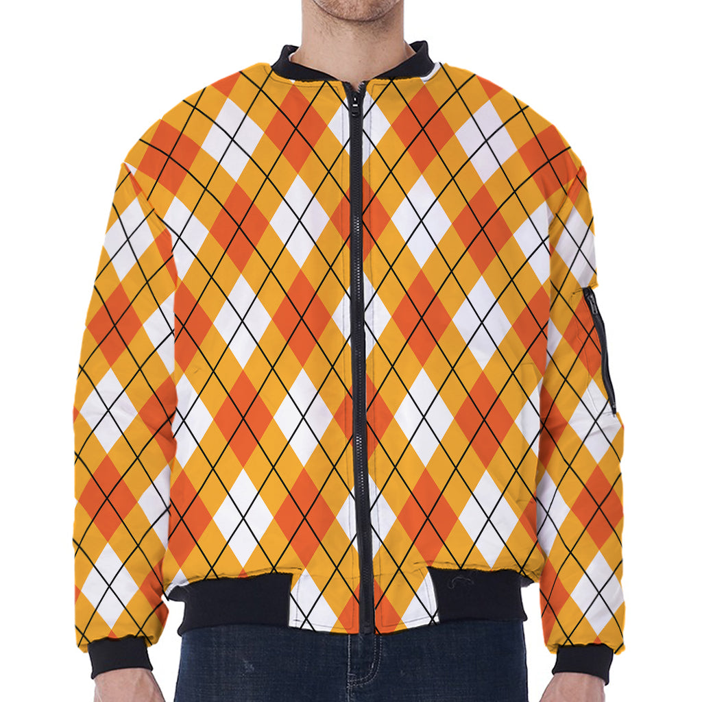 Orange And White Argyle Pattern Print Zip Sleeve Bomber Jacket