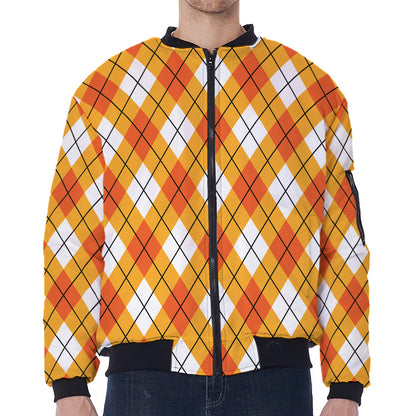 Orange And White Argyle Pattern Print Zip Sleeve Bomber Jacket