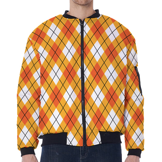 Orange And White Argyle Pattern Print Zip Sleeve Bomber Jacket