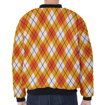 Orange And White Argyle Pattern Print Zip Sleeve Bomber Jacket