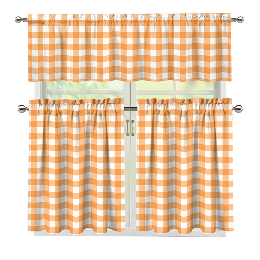 Orange And White Check Pattern Print 3 Piece Kitchen Curtains