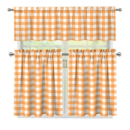 Orange And White Check Pattern Print 3 Piece Kitchen Curtains