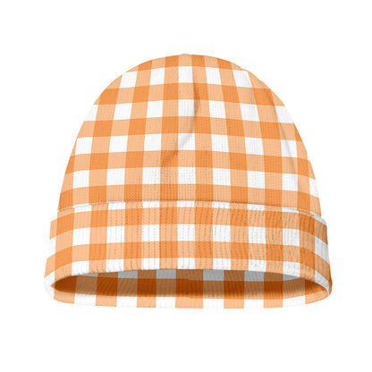 Orange And White Check Pattern Print Beanie
