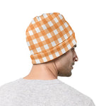 Orange And White Check Pattern Print Beanie