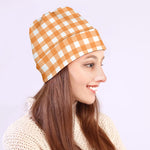 Orange And White Check Pattern Print Beanie