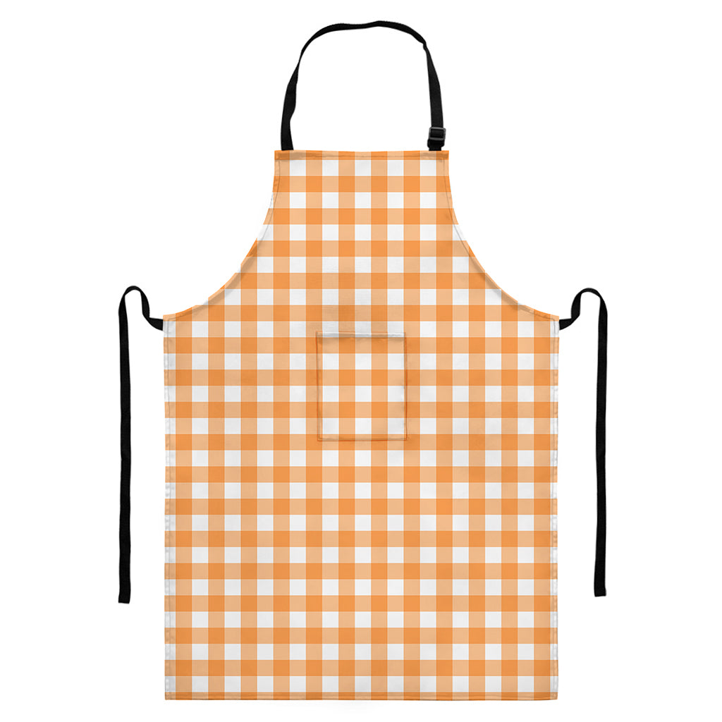 Orange And White Check Pattern Print Bib Apron With Pocket