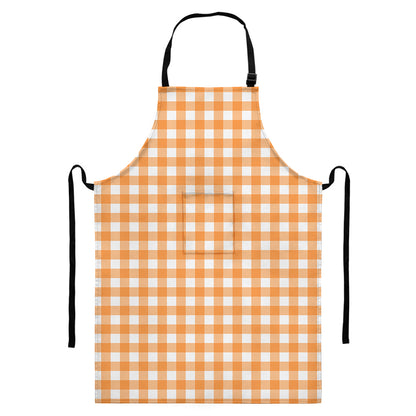 Orange And White Check Pattern Print Bib Apron With Pocket
