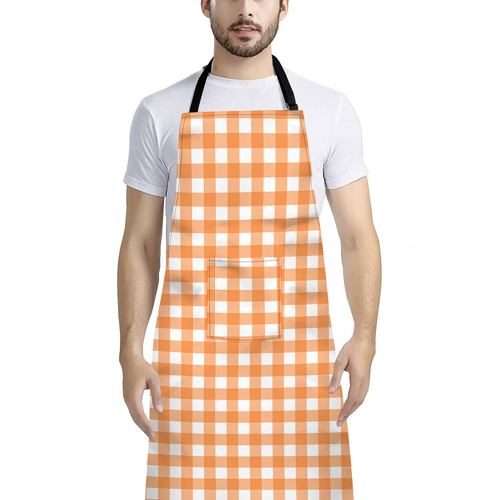 Orange And White Check Pattern Print Bib Apron With Pocket