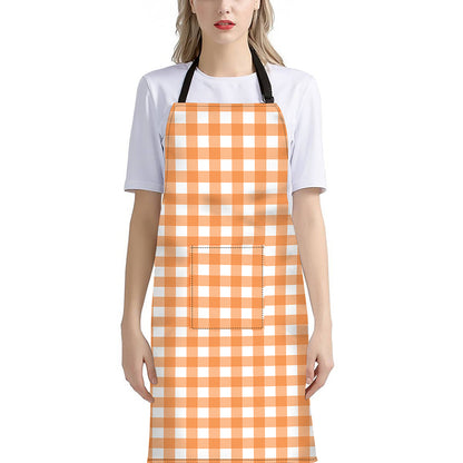 Orange And White Check Pattern Print Bib Apron With Pocket