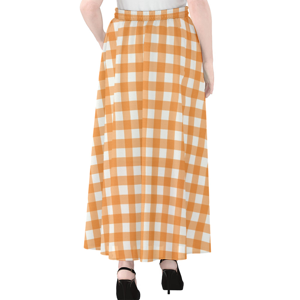 Orange And White Check Pattern Print Chiffon Maxi Skirt