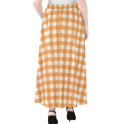 Orange And White Check Pattern Print Chiffon Maxi Skirt