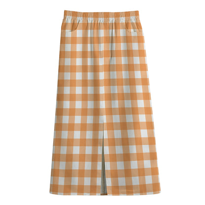 Orange And White Check Pattern Print Cotton Front Slit Maxi Skirt