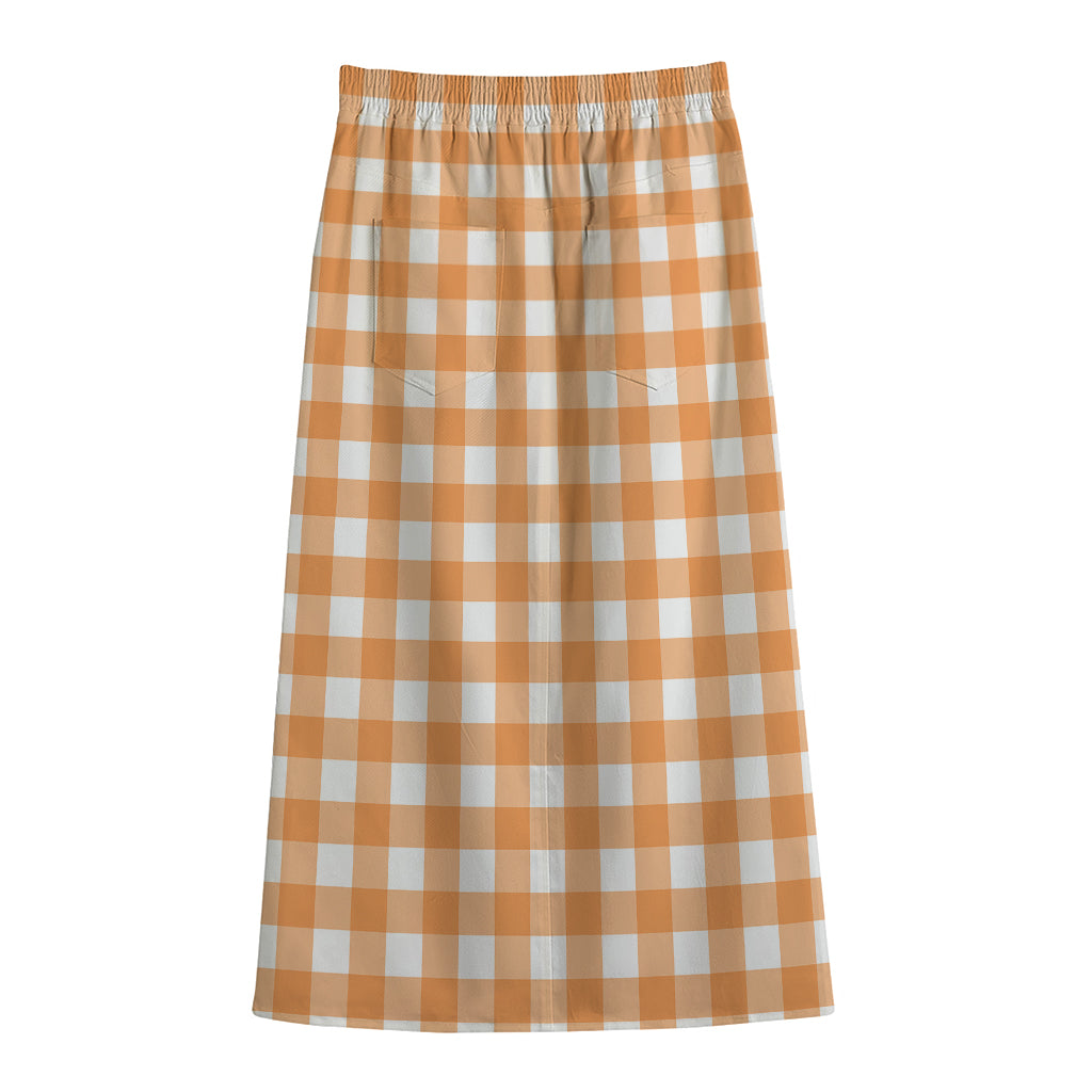 Orange And White Check Pattern Print Cotton Front Slit Maxi Skirt
