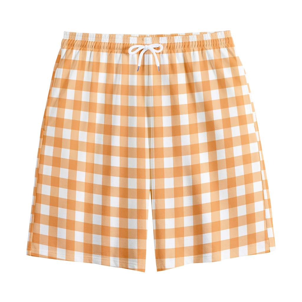 Orange And White Check Pattern Print Cotton Shorts