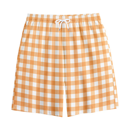 Orange And White Check Pattern Print Cotton Shorts