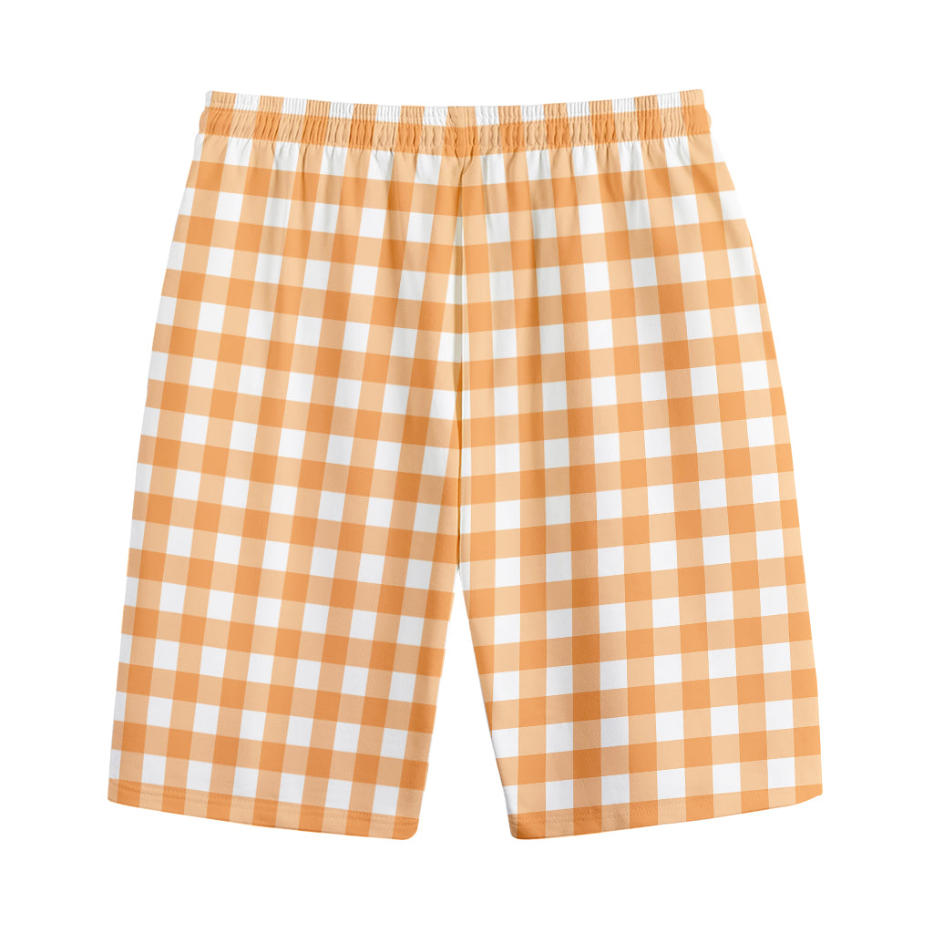 Orange And White Check Pattern Print Cotton Shorts