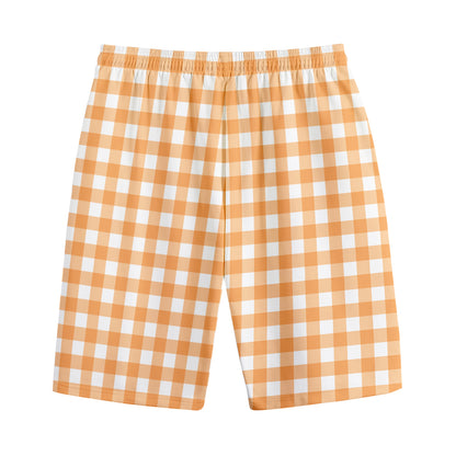 Orange And White Check Pattern Print Cotton Shorts