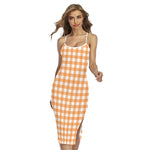 Orange And White Check Pattern Print Cross Back Cami Dress