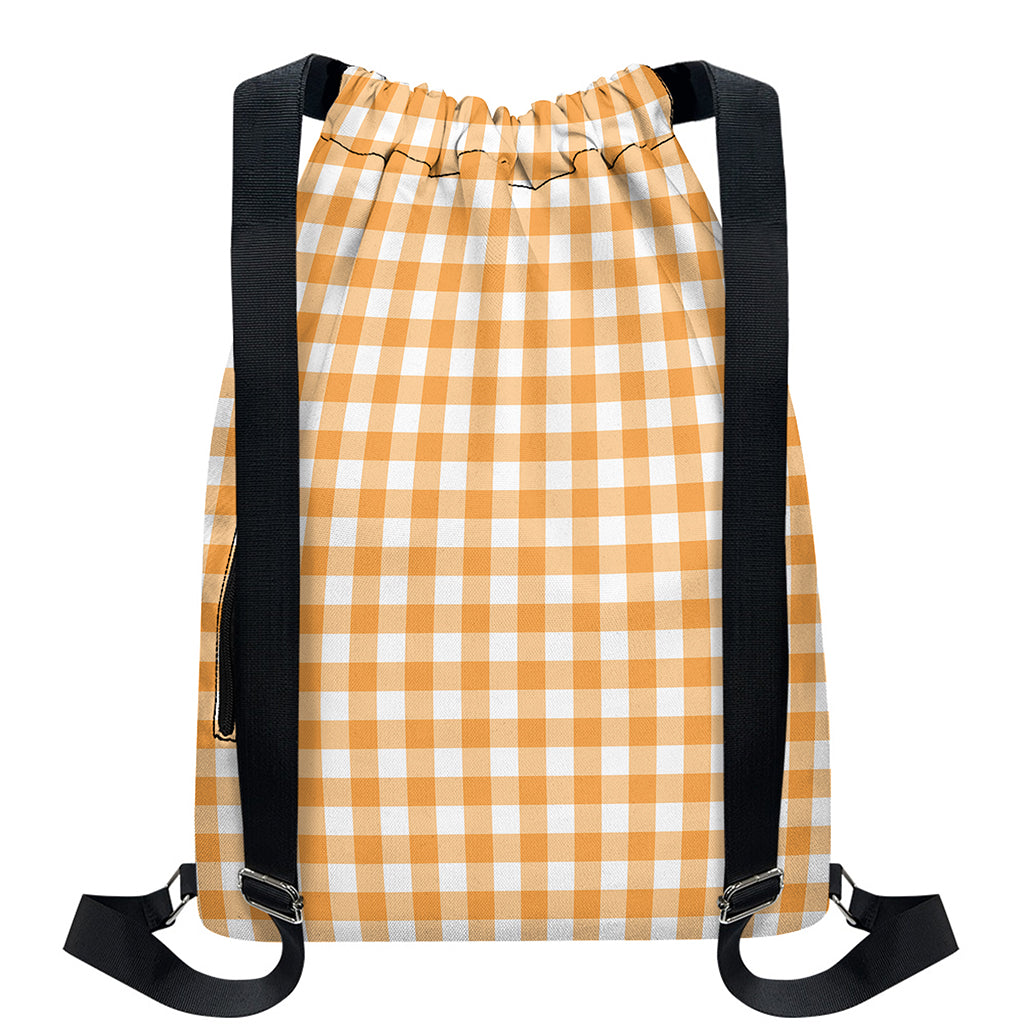 Orange And White Check Pattern Print Drawstring Backpack
