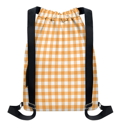 Orange And White Check Pattern Print Drawstring Backpack