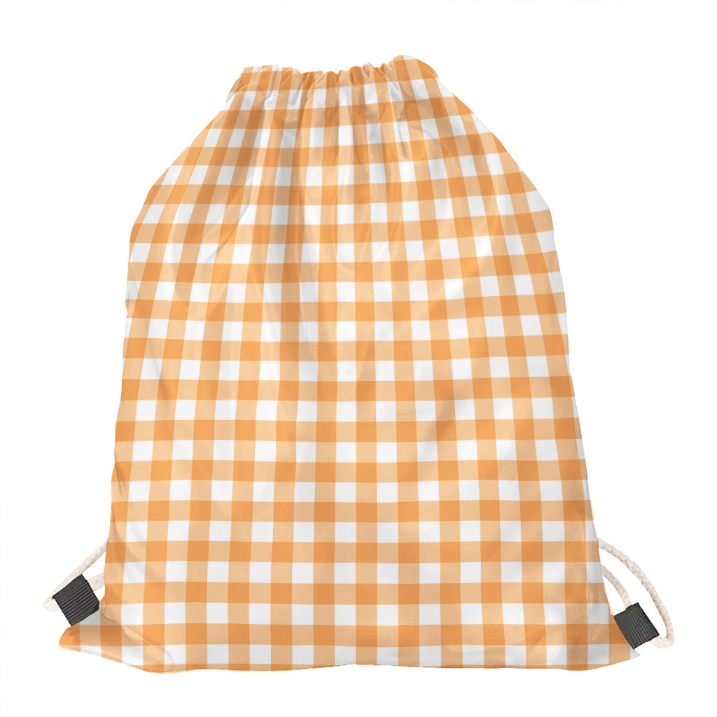 Orange And White Check Pattern Print Drawstring Bag