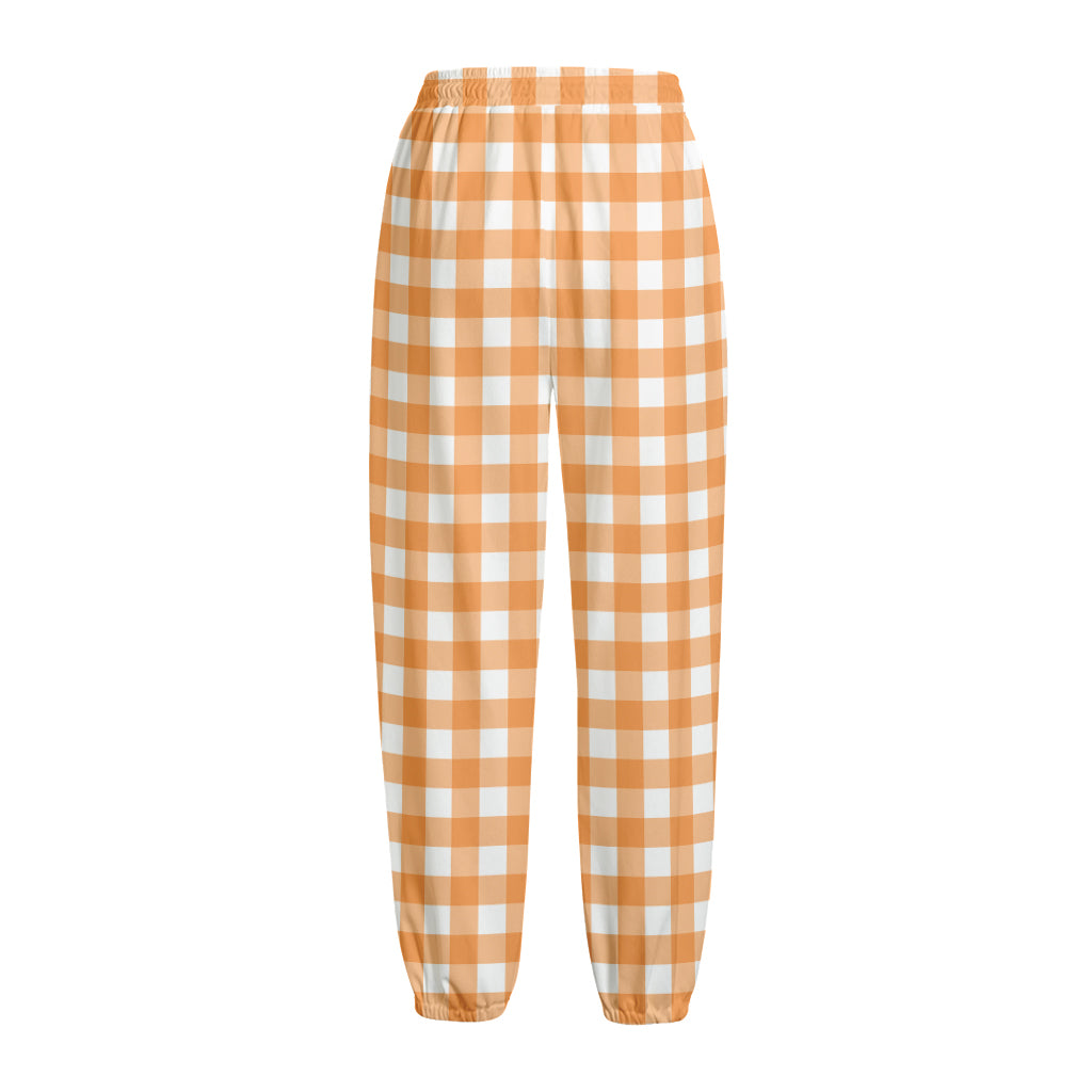 Orange And White Check Pattern Print Fleece Lined Knit Pants