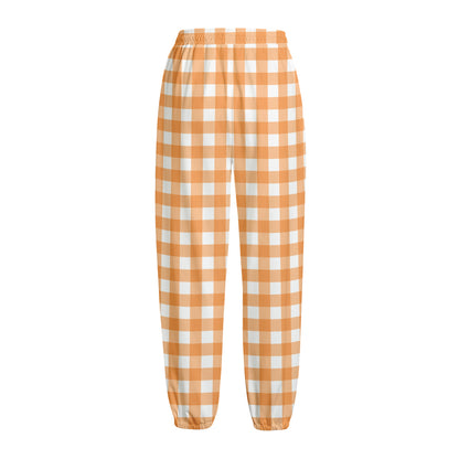 Orange And White Check Pattern Print Fleece Lined Knit Pants