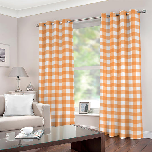 Orange And White Check Pattern Print Grommet Curtains
