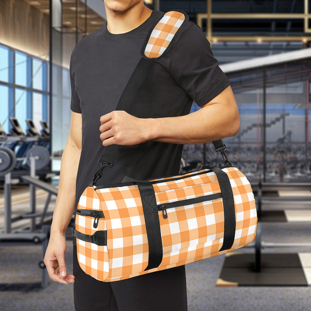 Orange And White Check Pattern Print Gym Bag